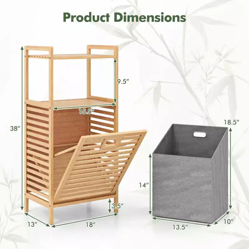 Meuble à linge inclinable avec étagères à 2 niveaux et panier inclinable en bambou