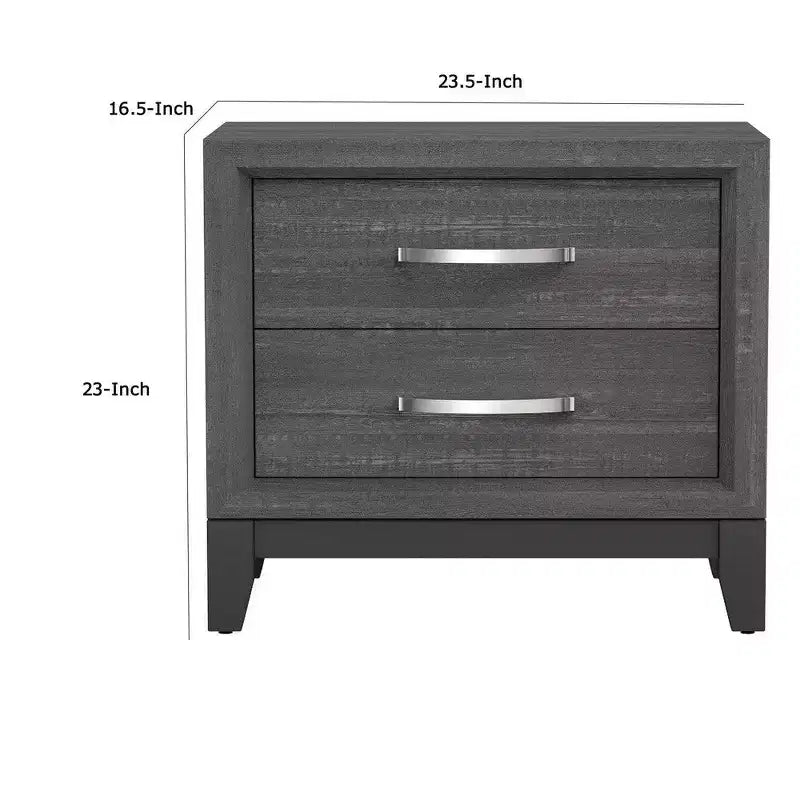 Bedside Nightstand, 2 Drawers Chrome Bar Handles, Gray Wood