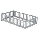 Lit au sol pour tout-petits format jumeau, Lit Montessori moderne en bois avec barrières de sécurité et porte pour chambre d'enfant