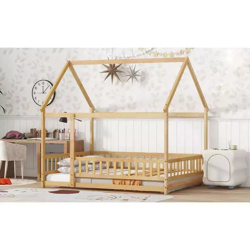 Lit au sol pour tout-petits format jumeau, Lit Montessori moderne en bois avec barrières de sécurité et porte pour chambre d'enfant