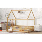 Lit au sol pour tout-petits format jumeau, Lit Montessori moderne en bois avec barrières de sécurité et porte pour chambre d'enfant