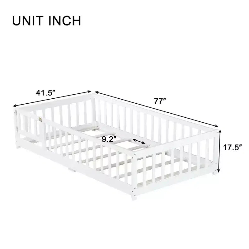 Lit au sol pour tout-petits format jumeau, Lit Montessori moderne en bois avec barrières de sécurité et porte pour chambre d'enfant