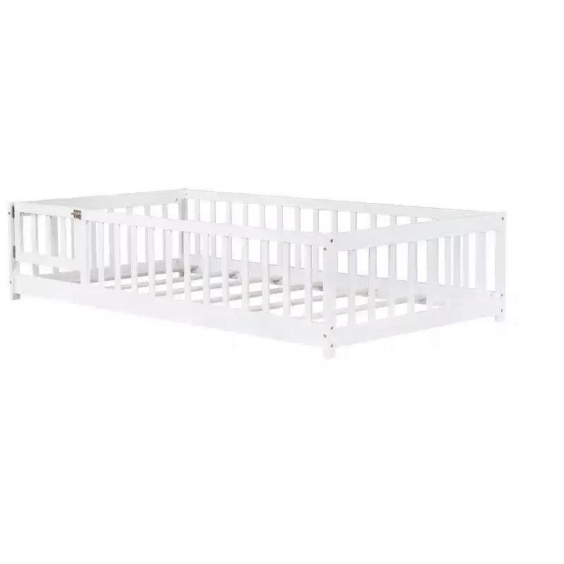 Lit au sol pour tout-petits format jumeau, Lit Montessori moderne en bois avec barrières de sécurité et porte pour chambre d'enfant