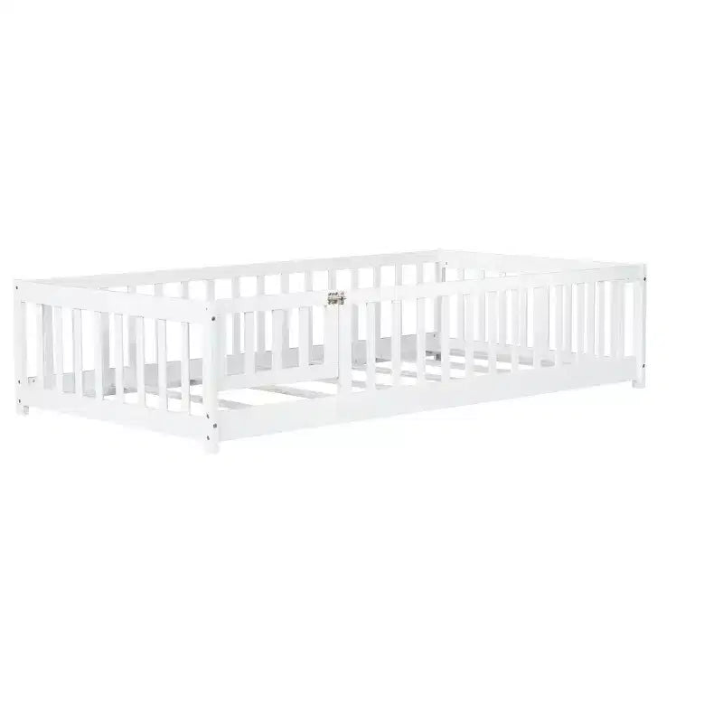 Lit au sol pour tout-petits format jumeau, Lit Montessori moderne en bois avec barrières de sécurité et porte pour chambre d'enfant