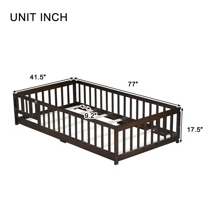 Lit au sol pour tout-petits format jumeau, Lit Montessori moderne en bois avec barrières de sécurité et porte pour chambre d'enfant