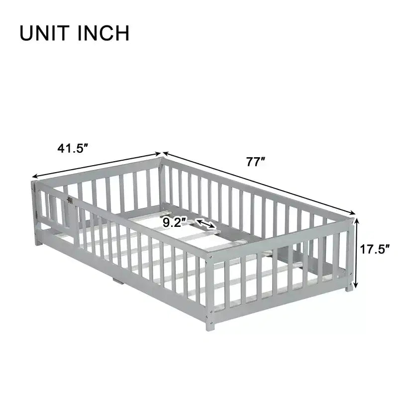 Lit au sol pour tout-petits format jumeau, Lit Montessori moderne en bois avec barrières de sécurité et porte pour chambre d'enfant