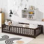 Lit au sol pour tout-petits format jumeau, Lit Montessori moderne en bois avec barrières de sécurité et porte pour chambre d'enfant