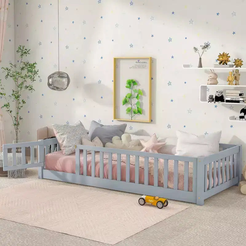 Twin Size Toddler Floor Bed for Kids, Modern Wood Montessori Bed with Safety Guardrails and Door for Bedroom