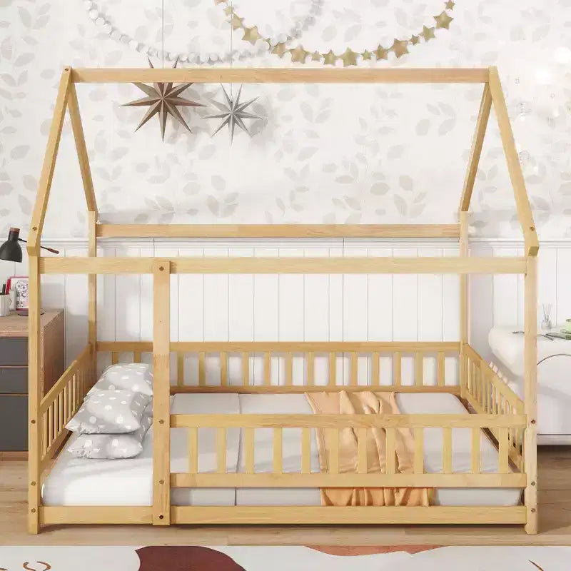 Twin Size Toddler Floor Bed for Kids, Modern Wood Montessori Bed with Safety Guardrails and Door for Bedroom