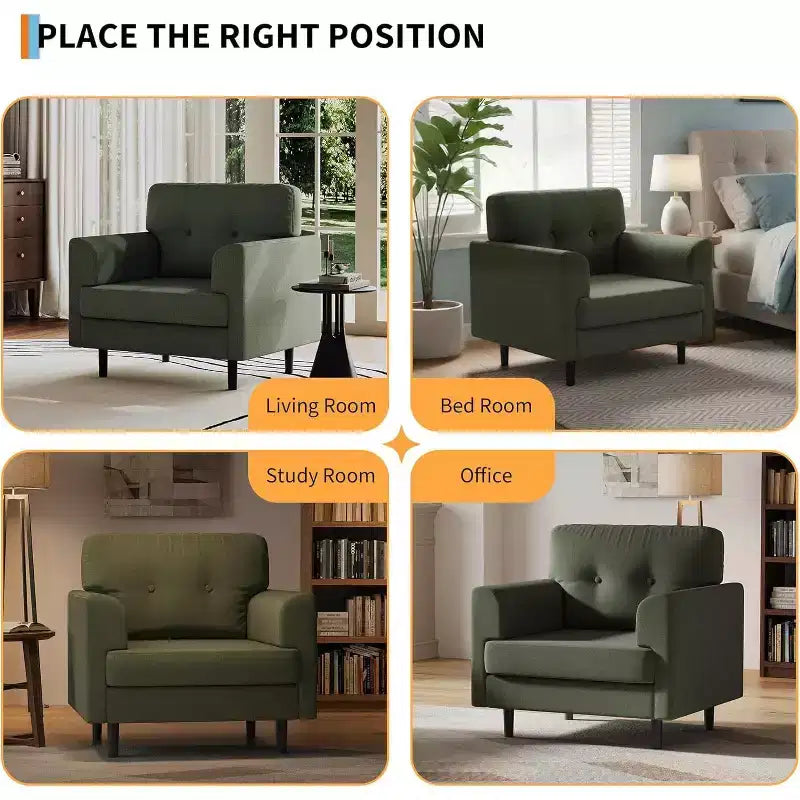 Fauteuil d'appoint avec accoudoirs larges, fauteuil de lecture en lin 38 avec accoudoirs larges fixes, coussins en mousse haute densité, canapé simple durable