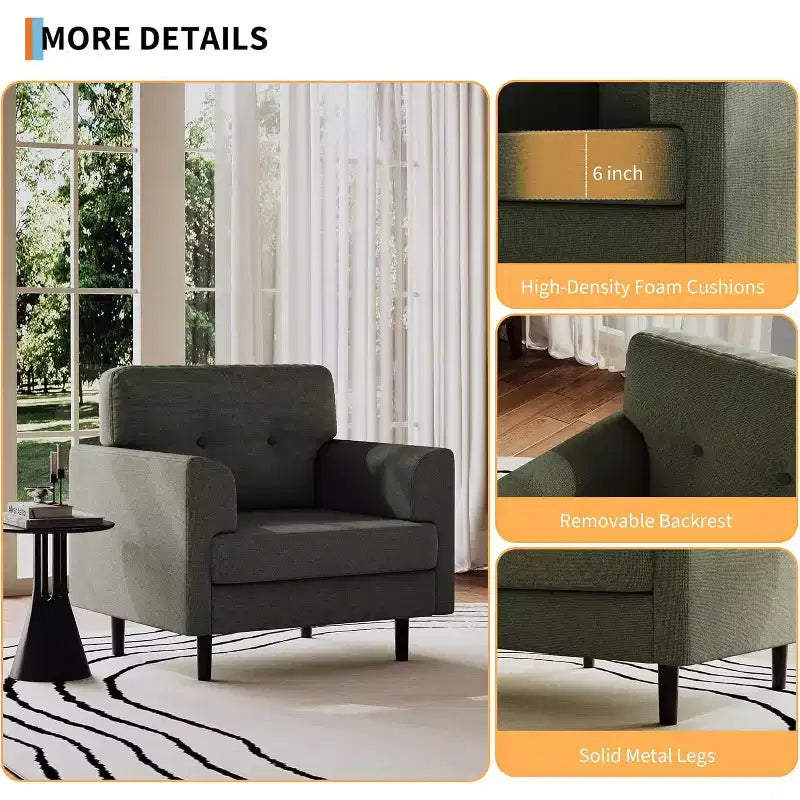 Fauteuil d'appoint avec accoudoirs larges, fauteuil de lecture en lin 38 avec accoudoirs larges fixes, coussins en mousse haute densité, canapé simple durable