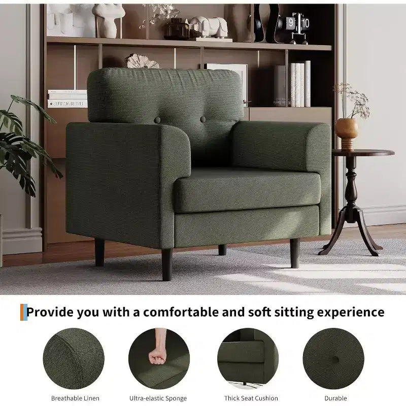 Fauteuil d'appoint avec accoudoirs larges, fauteuil de lecture en lin 38 avec accoudoirs larges fixes, coussins en mousse haute densité, canapé simple durable