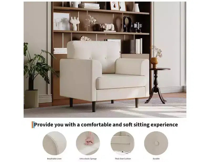 Wide Armrest Accent Chair, 38 Linen Upholstered Reading Chair with Fixed Wide Armrest, High-Density Foam Cushions, Durable Single Sofa Chair