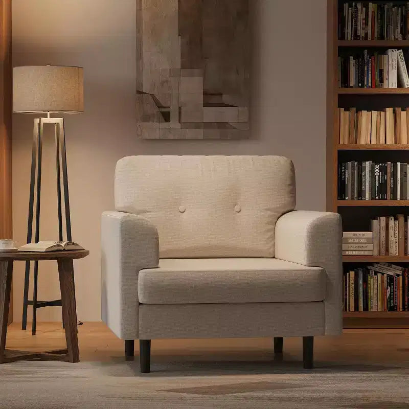 Fauteuil d'appoint avec accoudoirs larges, fauteuil de lecture en lin 38 avec accoudoirs larges fixes, coussins en mousse haute densité, canapé simple durable