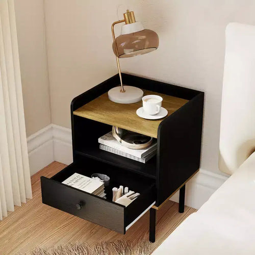 Table d'appoint de canapé à 3 niveaux avec étagère de rangement ouverte, pieds en métal pour salon, chambre à coucher