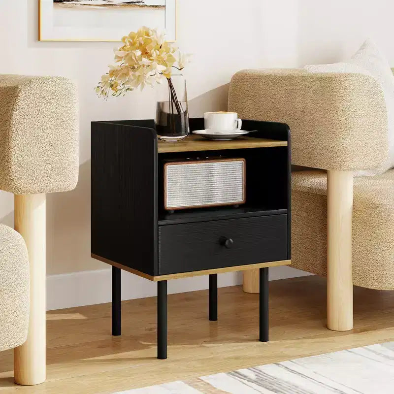 Table d'appoint de canapé à 3 niveaux avec étagère de rangement ouverte, pieds en métal pour salon, chambre à coucher