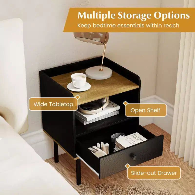 Table d'appoint de canapé à 3 niveaux avec étagère de rangement ouverte, pieds en métal pour salon, chambre à coucher