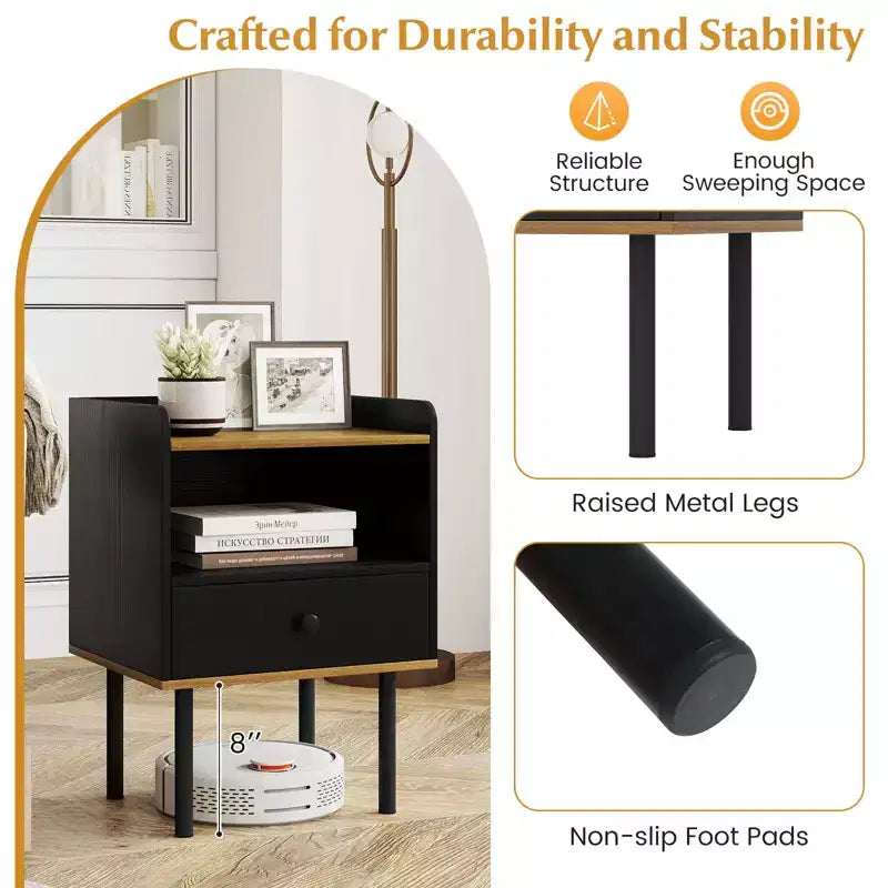 Table d'appoint de canapé à 3 niveaux avec étagère de rangement ouverte, pieds en métal pour salon, chambre à coucher