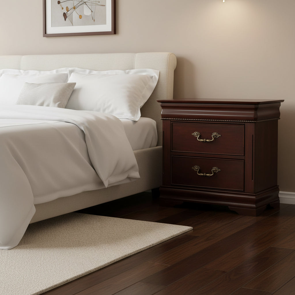 Royal Hampton 2 Drawer Wooden Nightstand with Hidden Top Drawer and Metal Handles, Brown