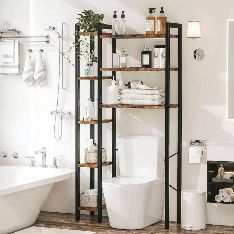 Over Toilet Storage with 8 - Tier Shelf Mass - Storage Side Open Rack Freestanding Bathroom Organizer Vintage Brown
