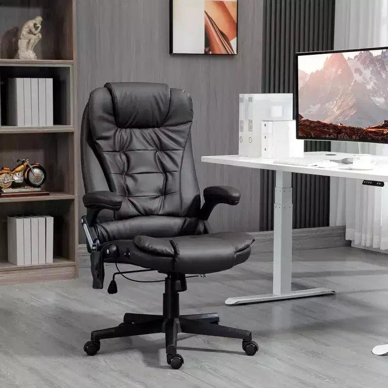 Chaise de bureau de massage de direction à dossier haut avec 6 points de vibration, 5 modes, fauteuil de bureau inclinable chauffant en similicuir