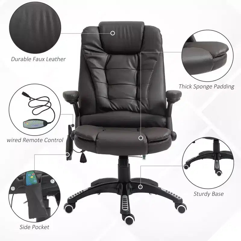 Chaise de bureau de massage de direction à dossier haut avec 6 points de vibration, 5 modes, fauteuil de bureau inclinable chauffant en similicuir