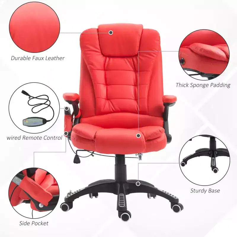 Chaise de bureau de massage de direction à dossier haut avec 6 points de vibration, 5 modes, fauteuil de bureau inclinable chauffant en similicuir