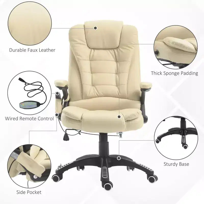 Chaise de bureau de massage de direction à dossier haut avec 6 points de vibration, 5 modes, fauteuil de bureau inclinable chauffant en similicuir