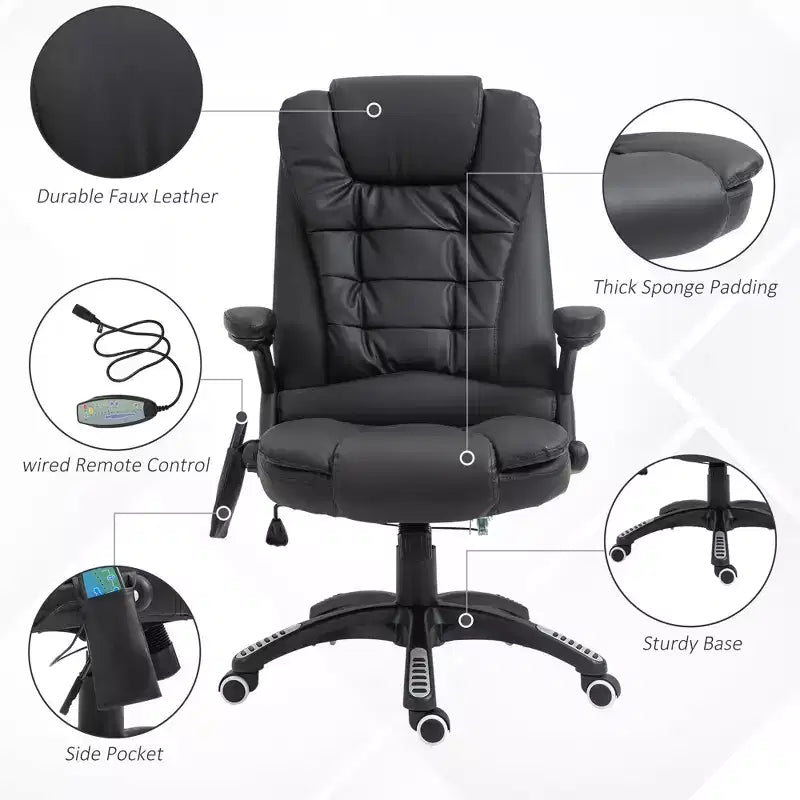 Chaise de bureau de massage de direction à dossier haut avec 6 points de vibration, 5 modes, fauteuil de bureau inclinable chauffant en similicuir