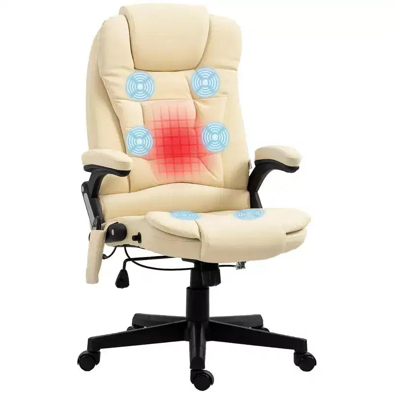 Chaise de bureau de massage de direction à dossier haut avec 6 points de vibration, 5 modes, fauteuil de bureau inclinable chauffant en similicuir