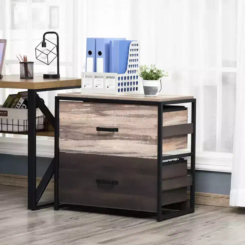 Office File Cabinet w/ 2 Large Drawers and Adjustable Metal Hanging Bars for A4 Letter and Legal Sized Files, Storage Organizer, Brown/Black