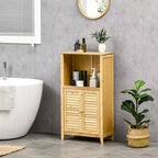 Meuble bas de salle de bain en bambou, Meuble de rangement de salon avec plusieurs étagères et portes, Naturel