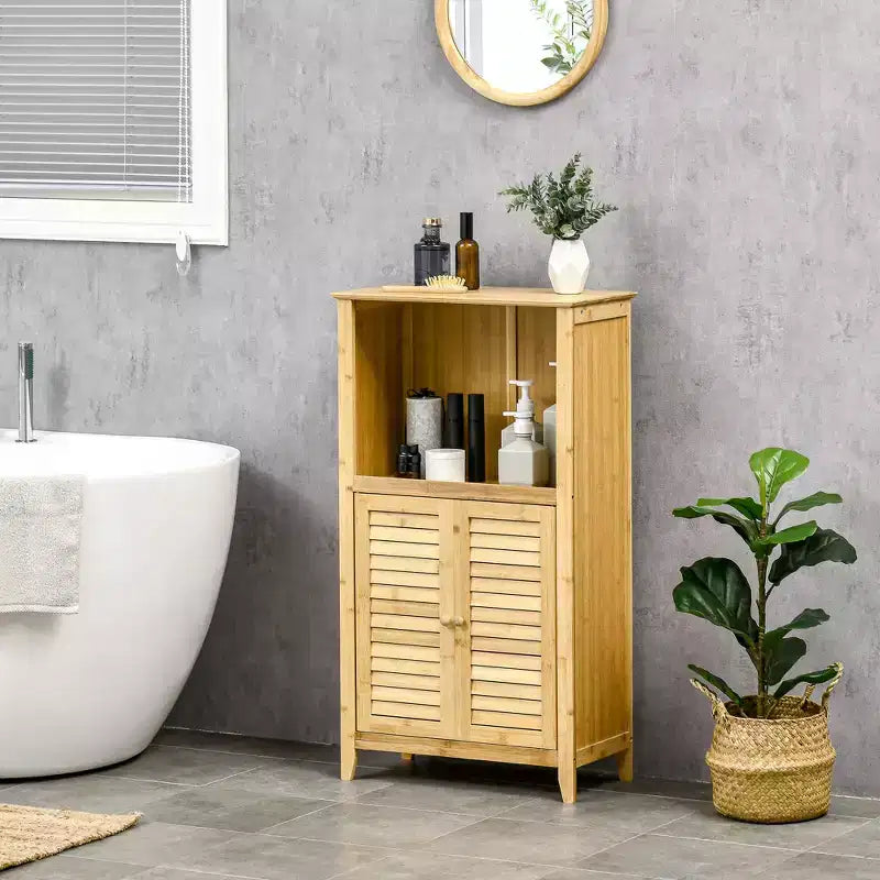 Bamboo Floor Cabinet Bathroom Floor Cabinet Living Room Organizer Tower with Multiple Shelves and Doors, Natural