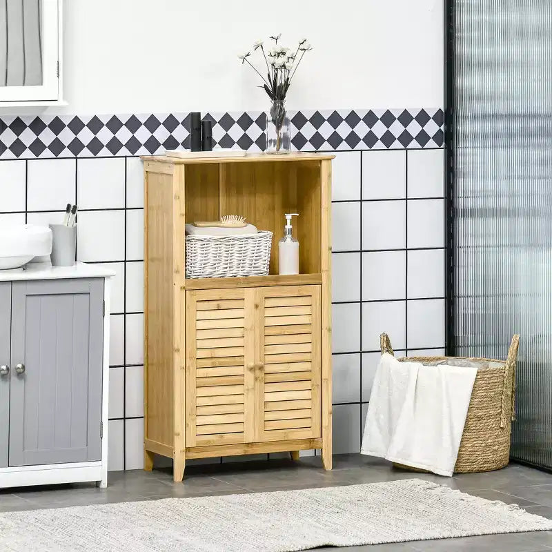 Meuble bas de salle de bain en bambou, Meuble de rangement de salon avec plusieurs étagères et portes, Naturel
