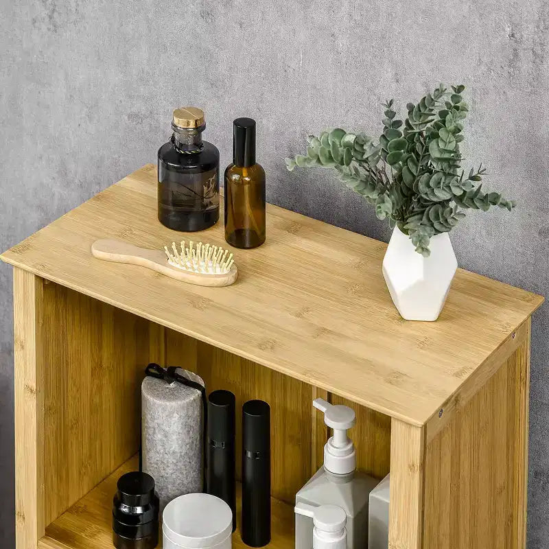 Meuble bas de salle de bain en bambou, Meuble de rangement de salon avec plusieurs étagères et portes, Naturel