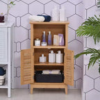 Meuble bas de salle de bain en bambou, Meuble de rangement de salon avec plusieurs étagères et portes, Naturel