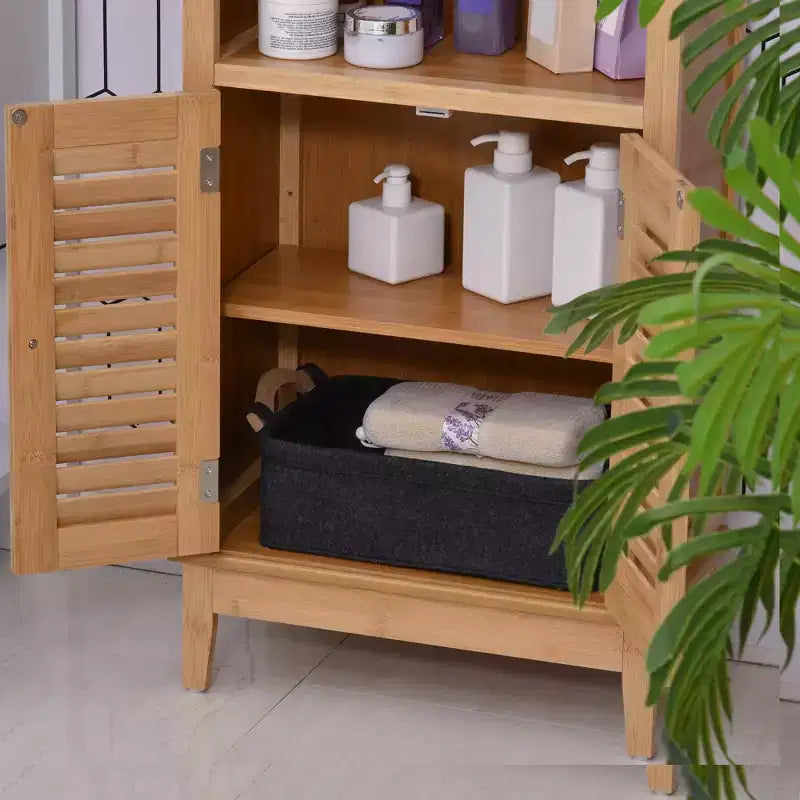 Meuble bas de salle de bain en bambou, Meuble de rangement de salon avec plusieurs étagères et portes, Naturel