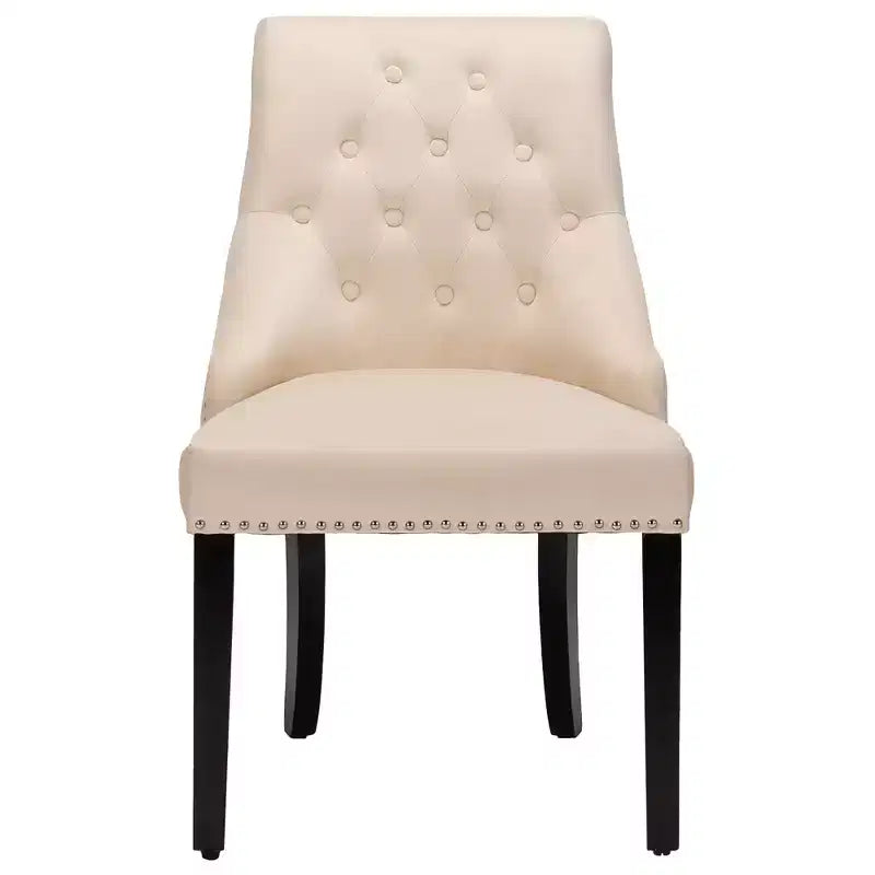 Chaise de salle à manger en velours, dossier capitonné sans accoudoirs avec clous décoratifs et anneau de tirage Vert/Beige