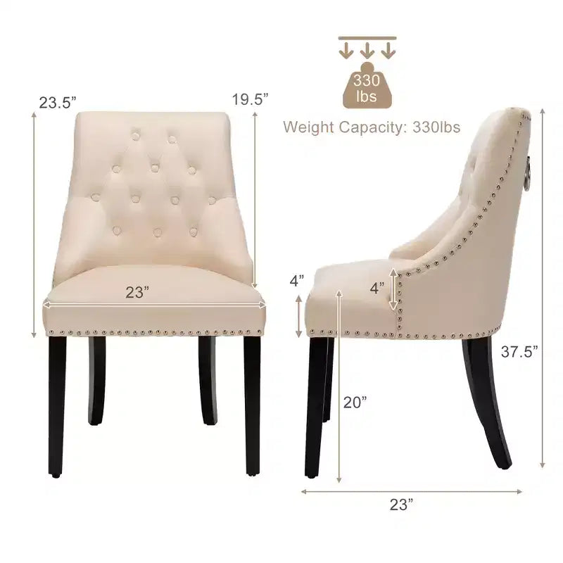 Chaise de salle à manger en velours, dossier capitonné sans accoudoirs avec clous décoratifs et anneau de tirage Vert/Beige