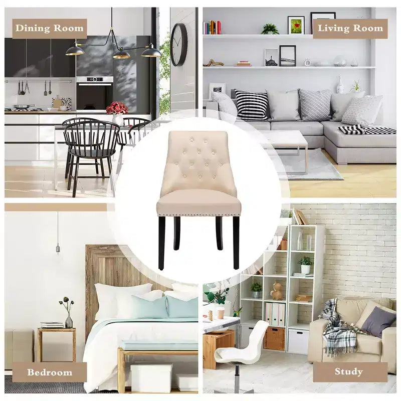 Chaise de salle à manger en velours, dossier capitonné sans accoudoirs avec clous décoratifs et anneau de tirage Vert/Beige