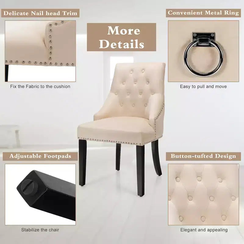 Chaise de salle à manger en velours, dossier capitonné sans accoudoirs avec clous décoratifs et anneau de tirage Vert/Beige