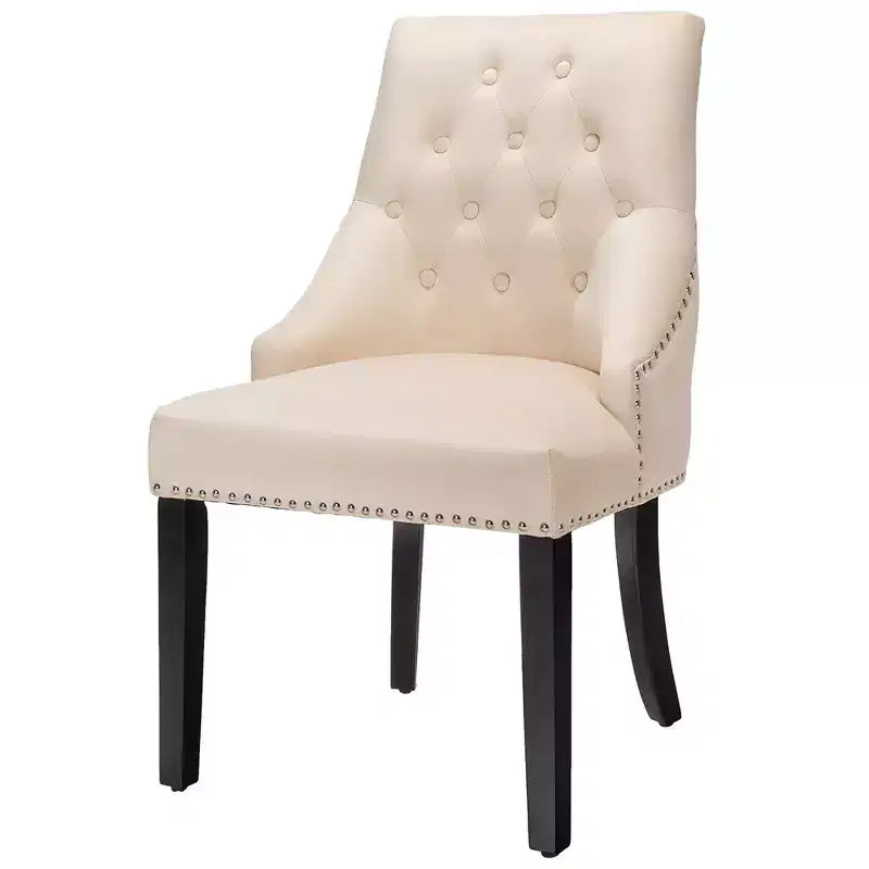 Chaise de salle à manger en velours, dossier capitonné sans accoudoirs avec clous décoratifs et anneau de tirage Vert/Beige